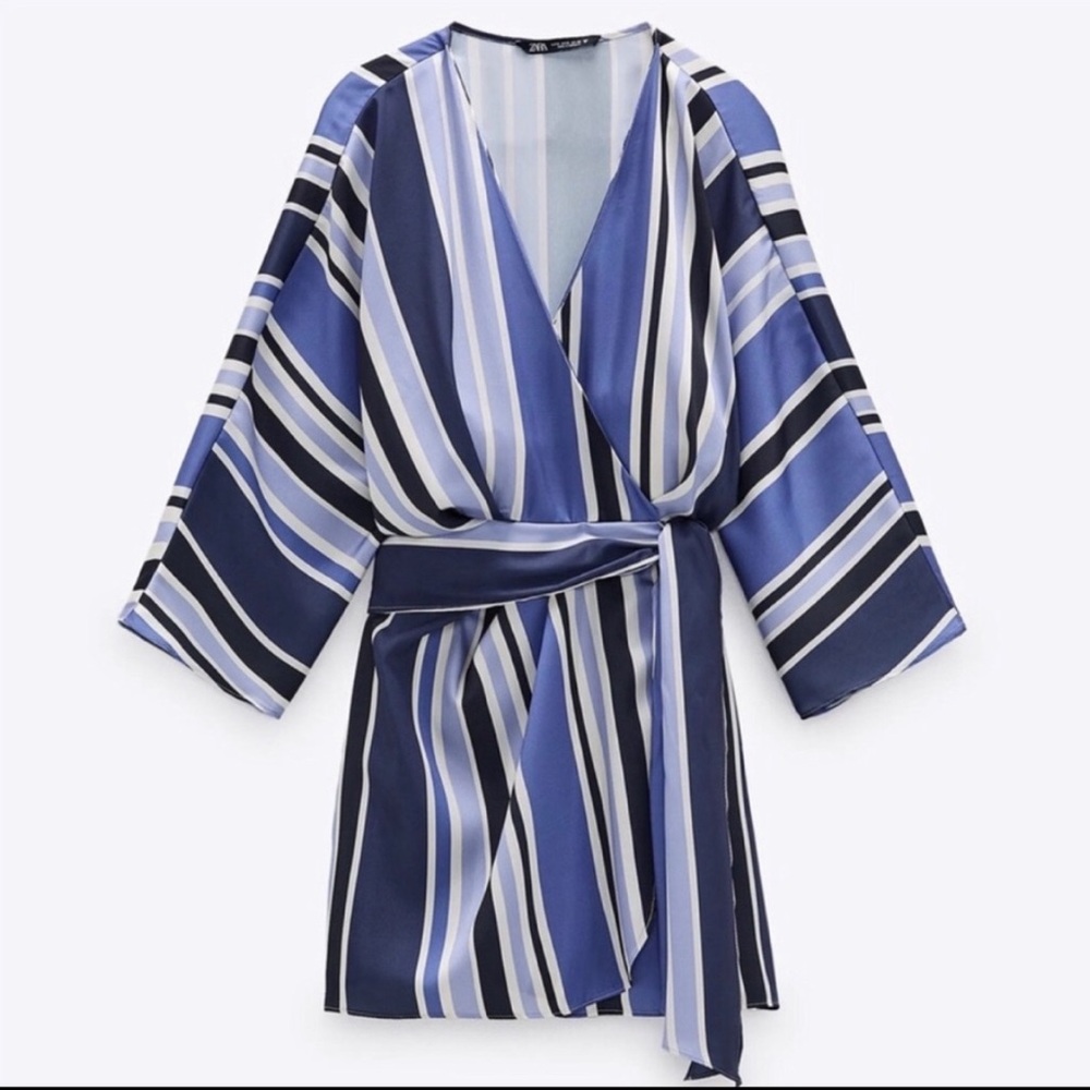 ZARA Blue and White Stripe Satin Wrap Romper NWT